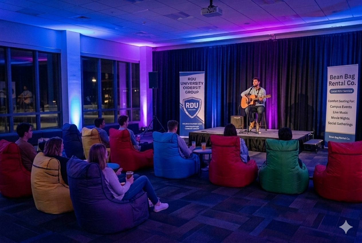 Guests gathered on Bean Bag Rental Co bean bags for an intimate indoor concert event
