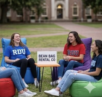 Guests laughing and enjoying themselves on Bean Bag Rental Co bean bags at a campus event