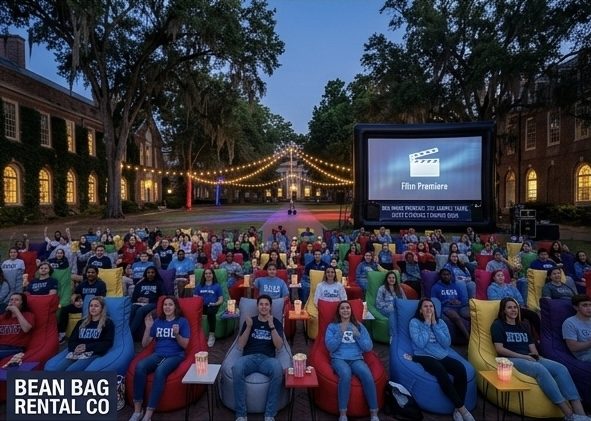 Guests relaxing on Bean Bag Rental Co bean bags at an outdoor campus movie night