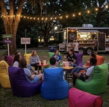 Bean Bag Rental Co bean bags at an outdoor evening event with string lights and food truck