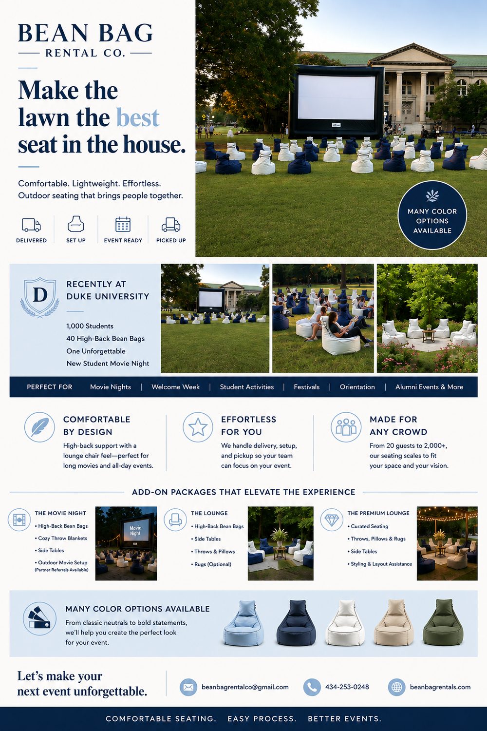 Bean Bag Rental Co campus one-sheet: Make the lawn the best seat in the house, with photos of bean bag chairs facing an outdoor movie screen at Duke University