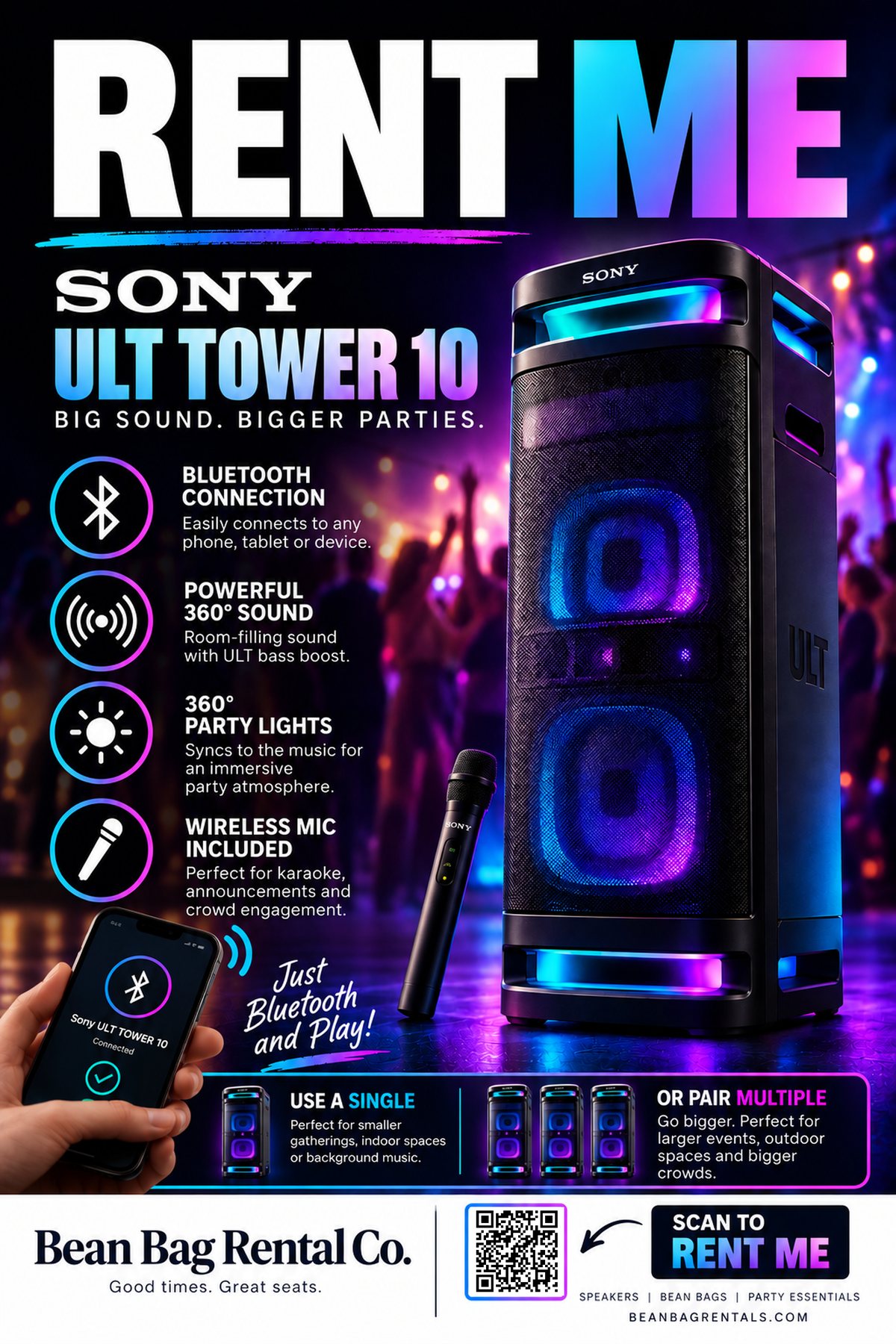 Rent me: Sony ULT Tower 10 party speaker from Bean Bag Rental Co, with Bluetooth connection, 360° sound, party lights and a wireless mic included