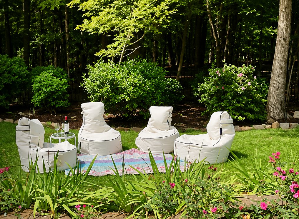 Four white high-back bean bag chairs around a small table in a garden, with a picnic blanket and flowers